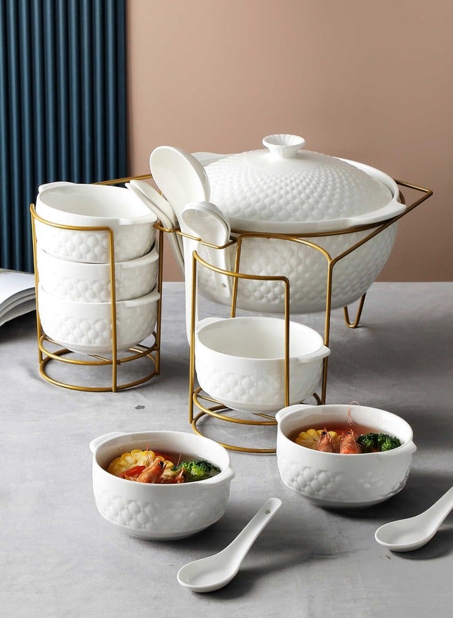 Dove 16-Piece Porcelain Soup & Bowl Set White With Gold Stand 10.25 Inch