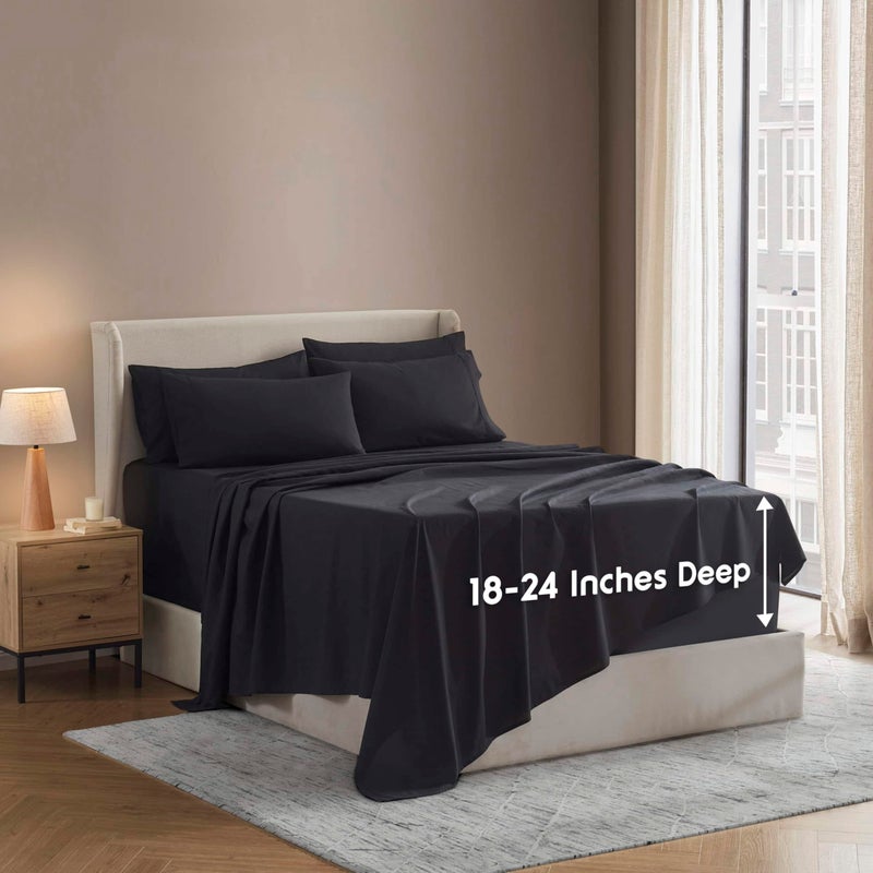 Nestl Extra Deep Cal King Sheet Set 6 Piece Breathable Cooling Sheets Hotel Luxury Bedding Set w1824 Inch Deep Pockets Easy Secure Fit Super Soft Wrinkle Free Comfy Black