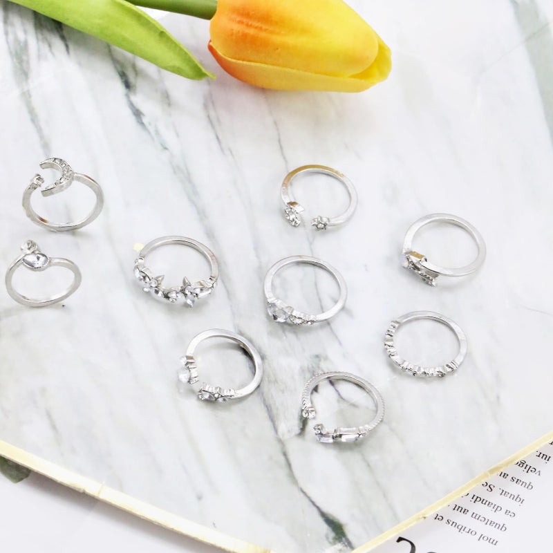 CSIYANJRY99 Silver Rings for Women Gifts Trendy Stuff Boho Stackable Star Moon Flower Silver Ring Set for Teens Vintage Crystal Knuckle Stacking Rings Christmas Gifts Stocking Stuffers - Image 5
