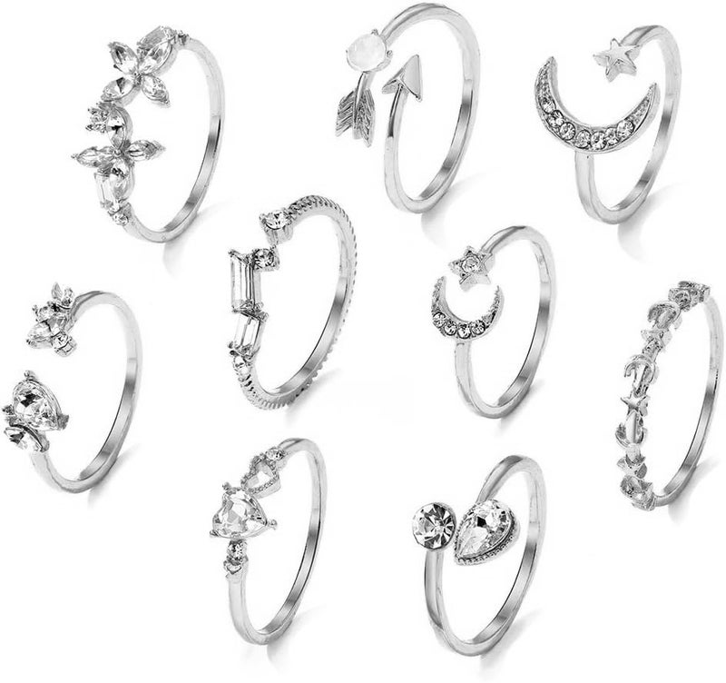 CSIYANJRY99 Silver Rings for Women Gifts Trendy Stuff Boho Stackable Star Moon Flower Silver Ring Set for Teens Vintage Crystal Knuckle Stacking Rings Christmas Gifts Stocking Stuffers - Image 3