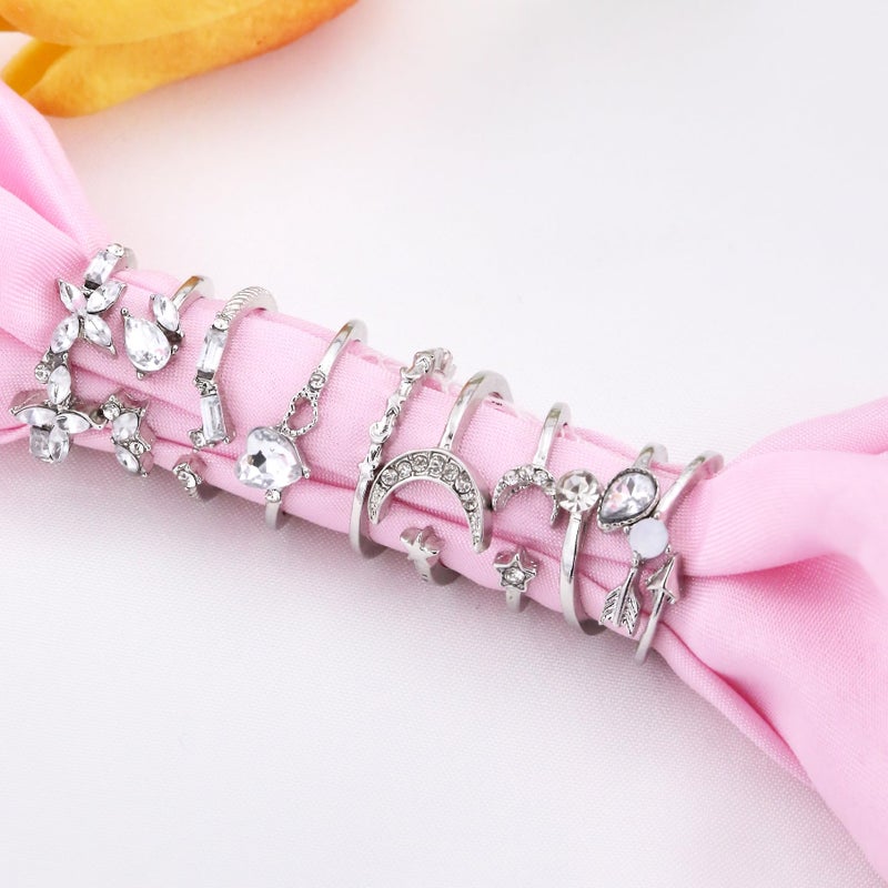 CSIYANJRY99 Silver Rings for Women Gifts Trendy Stuff Boho Stackable Star Moon Flower Silver Ring Set for Teens Vintage Crystal Knuckle Stacking Rings Christmas Gifts Stocking Stuffers - Image 4
