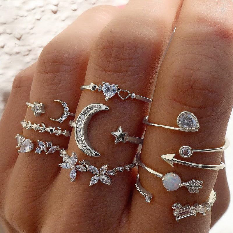 CSIYANJRY99 Silver Rings for Women Gifts Trendy Stuff Boho Stackable Star Moon Flower Silver Ring Set for Teens Vintage Crystal Knuckle Stacking Rings Christmas Gifts Stocking Stuffers - Image 2