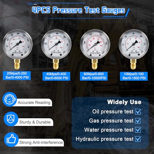 SINOCMP Hydraulic Pressure Test Kit 10Mpa/25Mpa/40Mpa/60Mpa 4 Gauges 10 Couplings 3 Hoses Tester Set for Excavator Construction Machinery - Image 2