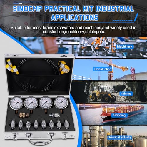 SINOCMP Hydraulic Pressure Test Kit 10Mpa/25Mpa/40Mpa/60Mpa 4 Gauges 10 Couplings 3 Hoses Tester Set for Excavator Construction Machinery - Image 5