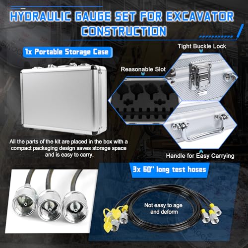 SINOCMP Hydraulic Pressure Test Kit 10Mpa/25Mpa/40Mpa/60Mpa 4 Gauges 10 Couplings 3 Hoses Tester Set for Excavator Construction Machinery - Image 4