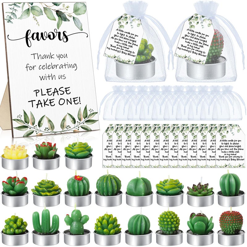 MTLEE 36 Sets Succulent Candles Baby Shower Favors for Guests Include 36 Plant Tealight Candles 36 Thank You Tags 36 Organza Bags Wooden Standing Sign for Gender Reveal GiftsGreenery