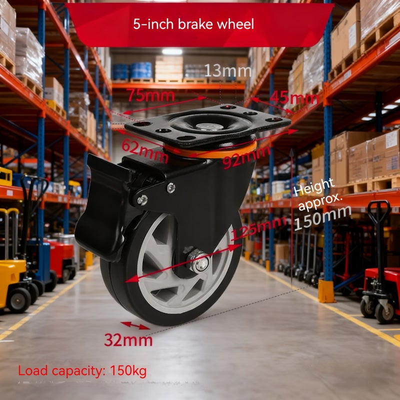 5 Inch Industrial Rubber Wheel Kit With Brake Polyurethane Solid Wheels For Handcarts - Image 1