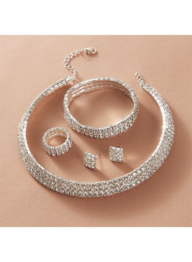 طقم مجوهرات من أحجار الراين الكريستالية | عقد تشوكر، أقراط، سوار وخاتم - Image 4