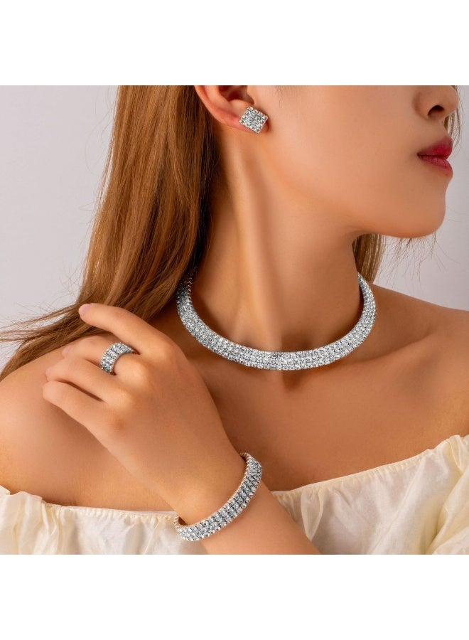 طقم مجوهرات من أحجار الراين الكريستالية | عقد تشوكر، أقراط، سوار وخاتم - Image 5