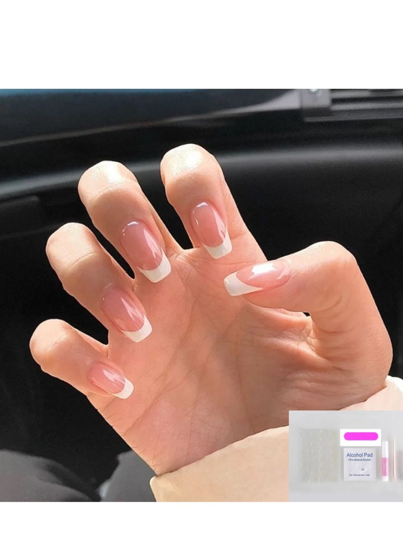 KHAJUL 24-Piece Simple Long Nails With French White Edge Include Tool：Glue, Nail Adhesive Glue Tapes, Nail File, Wood Stick, Nail Clean Cotton Pad For Nails Design - Image 3