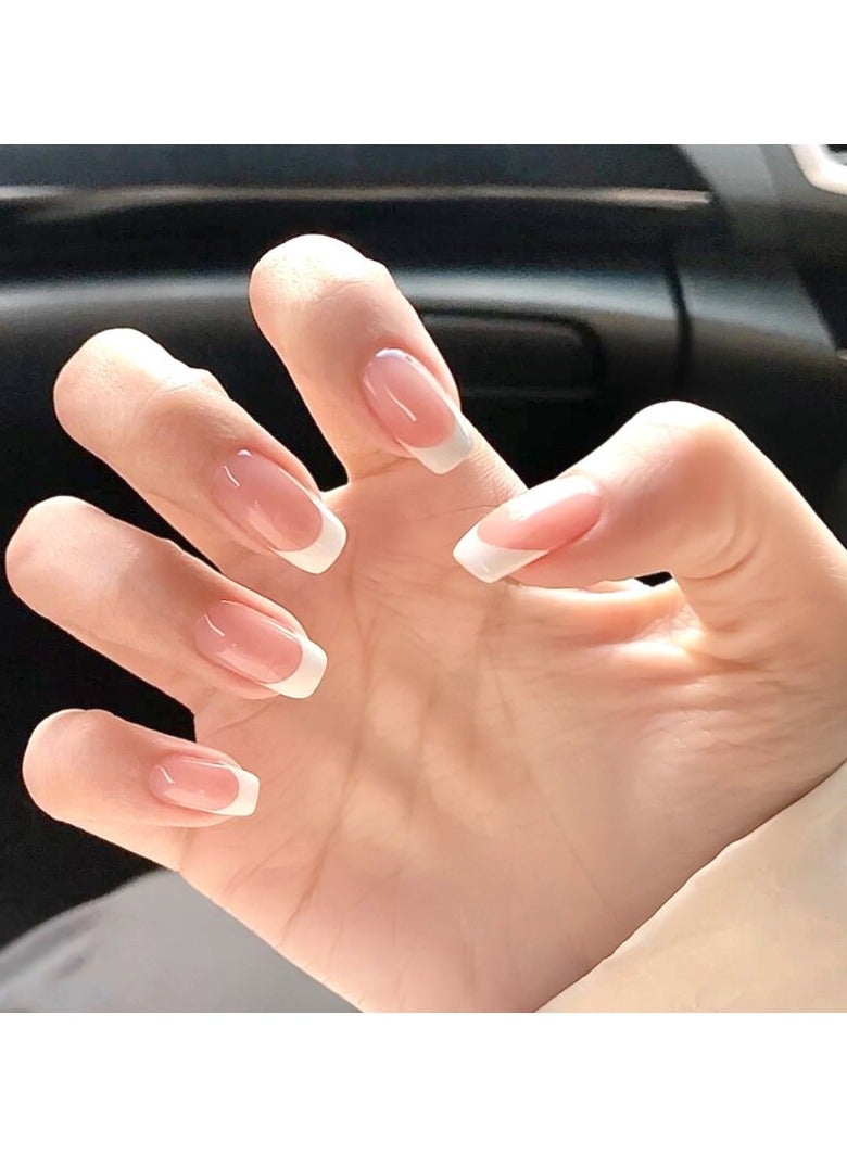KHAJUL 24-Piece Simple Long Nails With French White Edge Include Tool：Glue, Nail Adhesive Glue Tapes, Nail File, Wood Stick, Nail Clean Cotton Pad For Nails Design - Image 5
