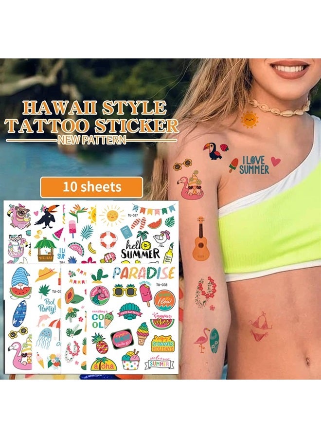 SARATA Hawaiian Temporary Tattoos, Luau Themed Fake Tattoos for Kids, 10Sheets Summer Pool Tropical Beach Waterproof Temporary Tattoo Stickers Summer Party Decorations Supplies for Kids and Adults - Image 1