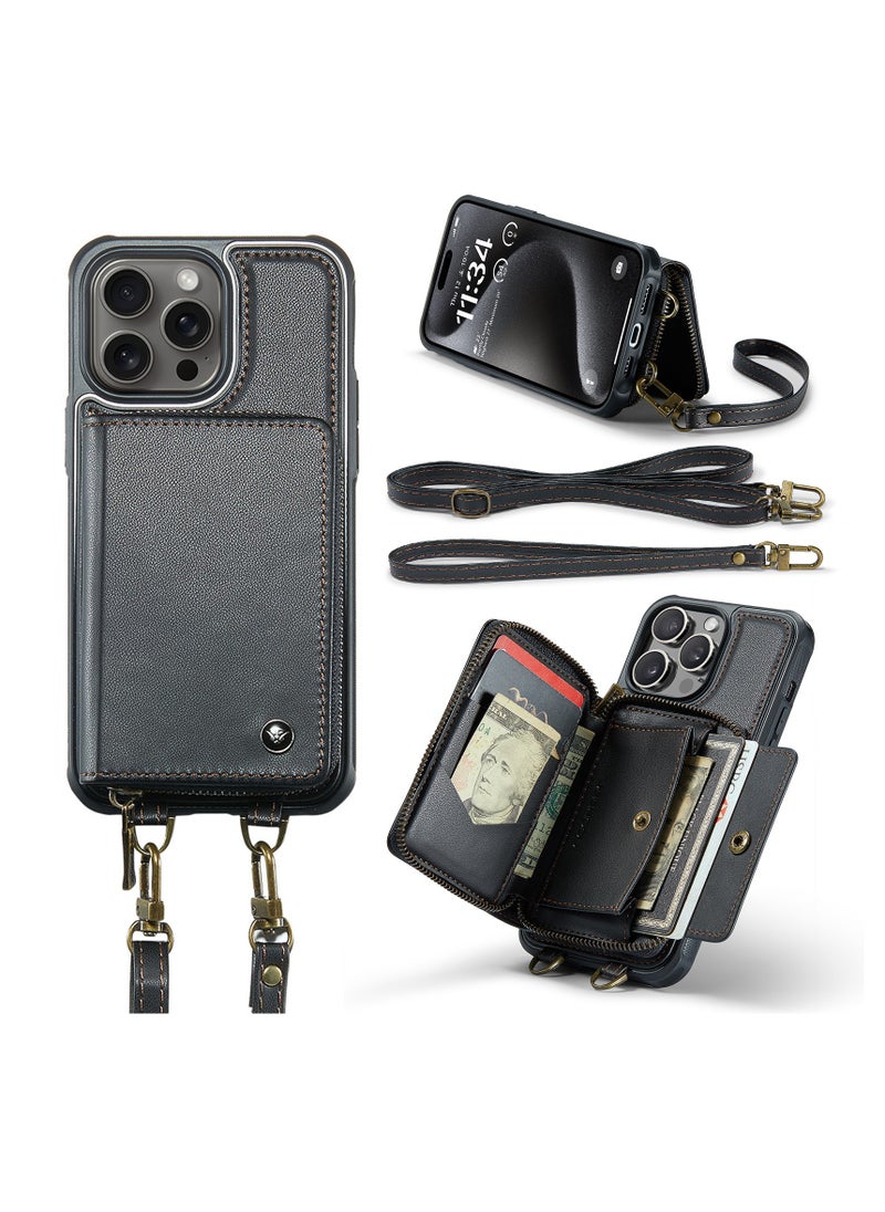 General - iPhone 15 Pro Max/15 Pro/15 Plus/15 phone case, crossbody leather credit card holder, zipper wallet, wallet case, with stand and detachable wristband - Image 1