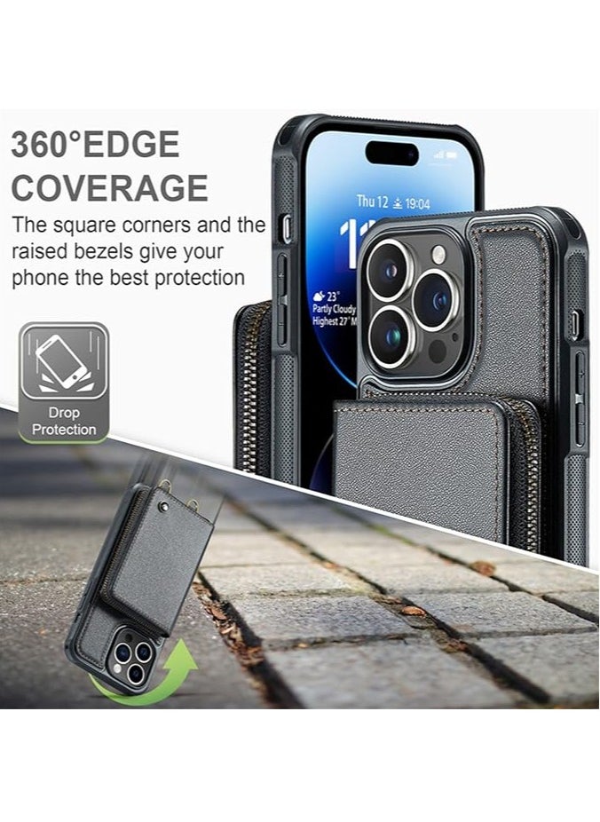General - iPhone 15 Pro Max/15 Pro/15 Plus/15 phone case, crossbody leather credit card holder, zipper wallet, wallet case, with stand and detachable wristband - Image 1