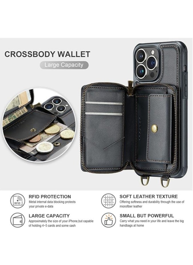 General - iPhone 15 Pro Max/15 Pro/15 Plus/15 phone case, crossbody leather credit card holder, zipper wallet, wallet case, with stand and detachable wristband - Image 1