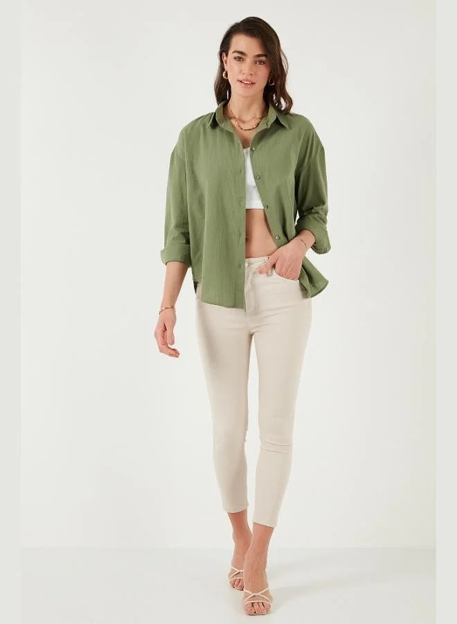 ليلا قميص نسائي قطني عادي بأكمام طويلة سادة