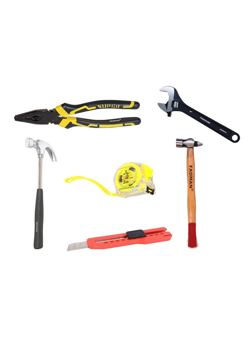 Fadman Fadman Hand Tool Kit Plier Wrench Utility Cutter Measuring Tape Claw Hammer Wooden Hammer 