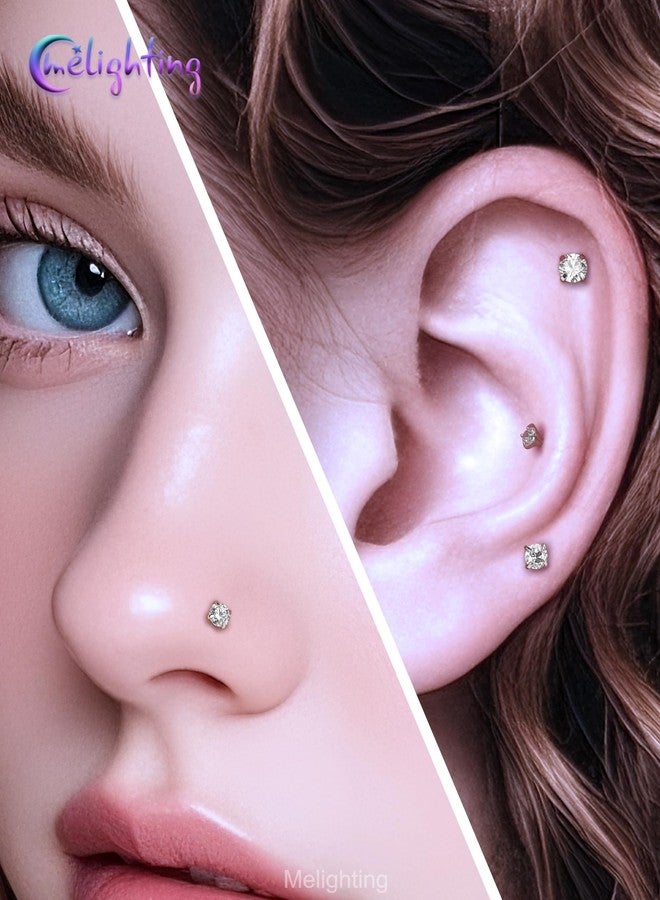 Melighting 20g Nose Studs Piercing Set Surgical Steel 316L, Threadless Push in Nose Rings, 2/2.5/3 mm CZ Top Threadless Labret Lip Helix Cartilage Tragus Conch Earrings Pack for Women 8 mm - Image 5