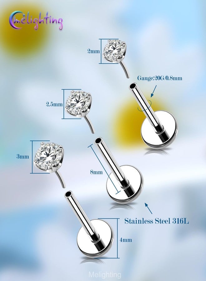 Melighting 20g Nose Studs Piercing Set Surgical Steel 316L, Threadless Push in Nose Rings, 2/2.5/3 mm CZ Top Threadless Labret Lip Helix Cartilage Tragus Conch Earrings Pack for Women 8 mm - Image 4