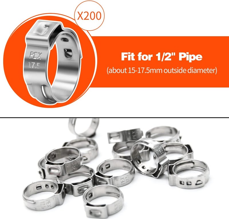 PXZBLG 200 Pack 1/2 Inch PEX Cinch Clamps, Stainless Steel Single Ear Hose Clamps, for PEX Pipe - Image 2