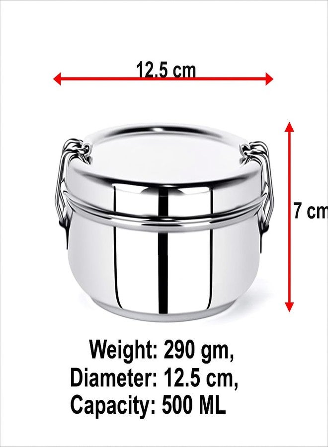 GS KITCHENWARE علبة طعام مكتبية من الفولاذ المقاوم للصدأ من جي إس | علبة غداء سعة 500 مل مع طبق داخلي | تصميم تقليدي، حاوية فولاذية لامعة للمكتب والمنزل، فضي. - Image 5