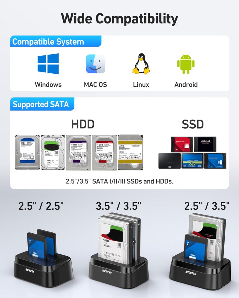 Benfei محطة توصيل القرص الصلب BENFEI مع وظيفة النسخ الاحتياطي غير المتصل UASP، قاعدة مزدوجة USB C لقرص HDD SSD بحجم 2.5/3.5 بوصة، تصل إلى 5Gbps | تركيب بدون أدوات - Image 5