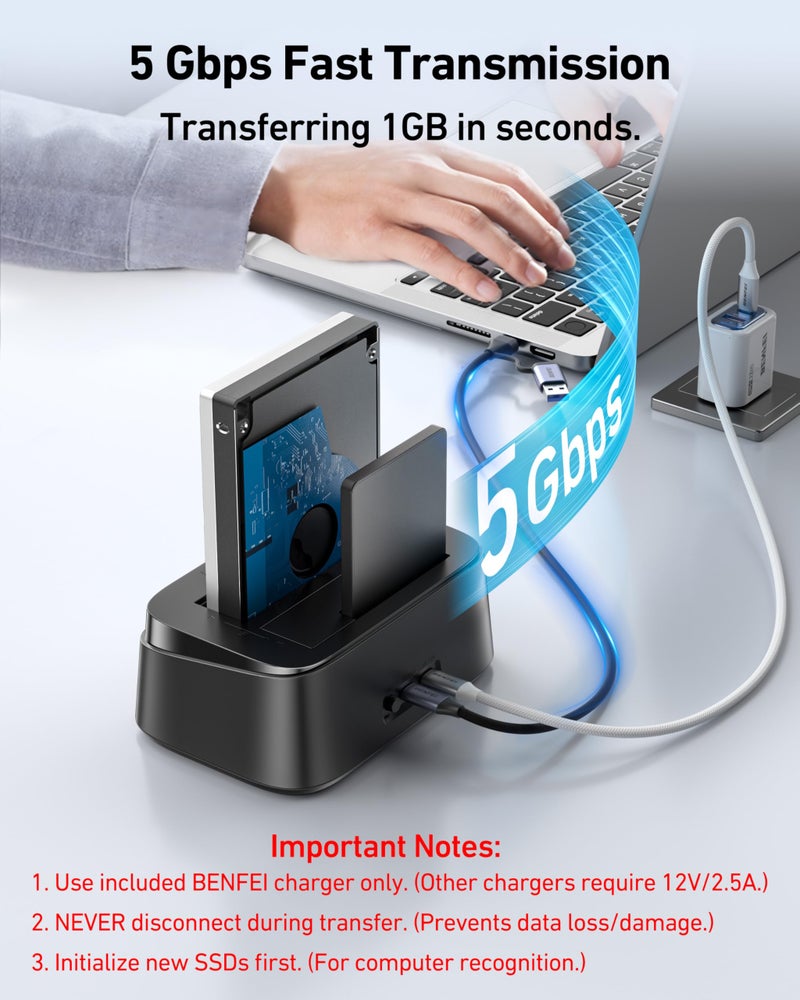 Benfei محطة توصيل القرص الصلب BENFEI مع وظيفة النسخ الاحتياطي غير المتصل UASP، قاعدة مزدوجة USB C لقرص HDD SSD بحجم 2.5/3.5 بوصة، تصل إلى 5Gbps | تركيب بدون أدوات - Image 2