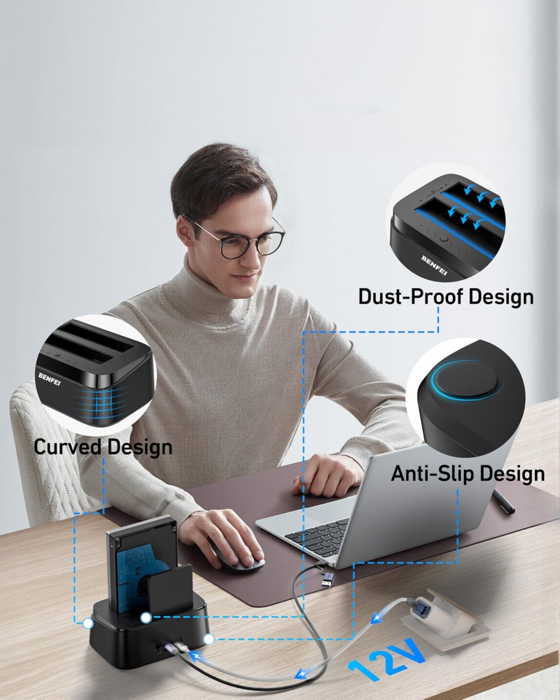 Benfei محطة توصيل القرص الصلب BENFEI مع وظيفة النسخ الاحتياطي غير المتصل UASP، قاعدة مزدوجة USB C لقرص HDD SSD بحجم 2.5/3.5 بوصة، تصل إلى 5Gbps | تركيب بدون أدوات - Image 4