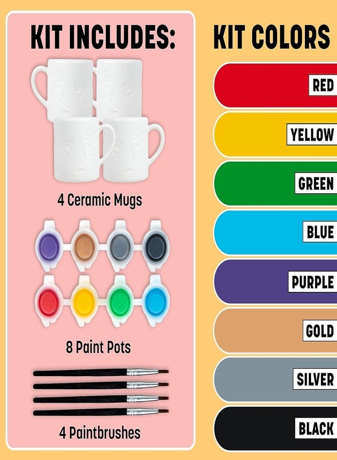 TULIP Painted by Me Paint Oven Bake Ceramic 4 Mug Set with Flower Designs, All You Need for Easy Family Craft Kit, Includes 4 Mugs, 8 Rainbow Paints, 4 Brushes, Ceramic Studio Quality Oven Bake - Image 2