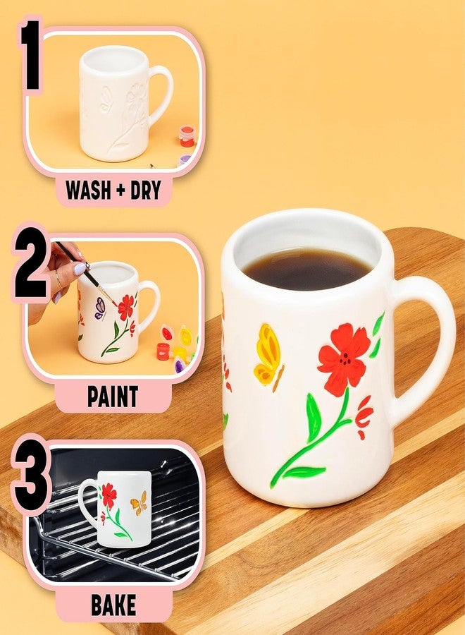 TULIP Painted by Me Paint Oven Bake Ceramic 4 Mug Set with Flower Designs, All You Need for Easy Family Craft Kit, Includes 4 Mugs, 8 Rainbow Paints, 4 Brushes, Ceramic Studio Quality Oven Bake - Image 4
