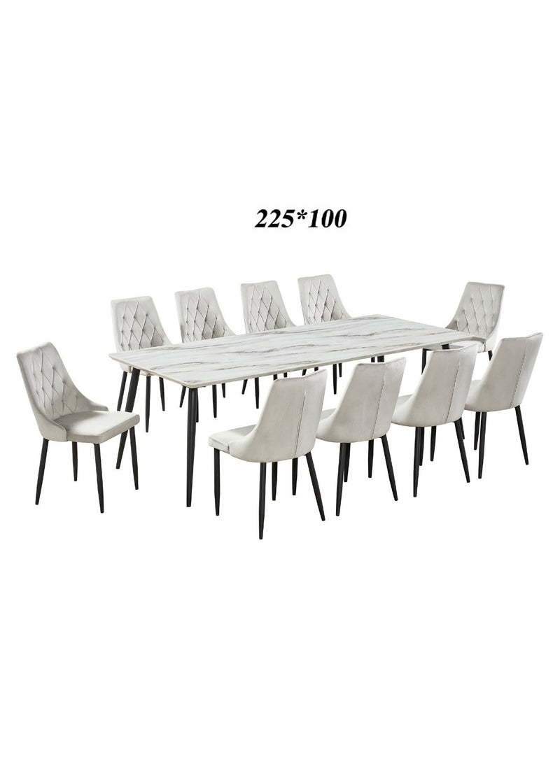 Set of 11 Pieces, Dining Table Marble Top With 10 Chair Set 225*100 CM