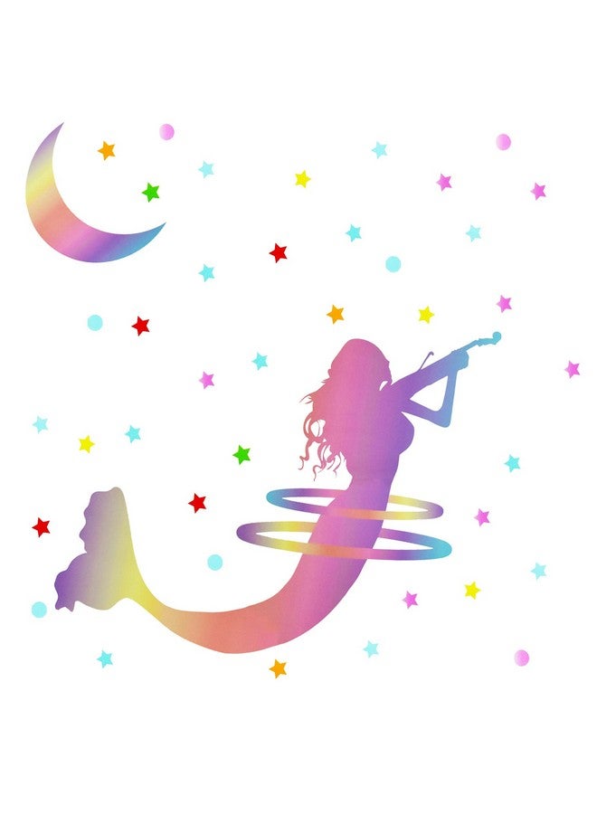 Maydahui ملصقات جدارية لتمثال حورية البحر العملاقة ملصقات فينيل ملونة لحورية البحر والنجوم والقمر (50 × 50 بوصة) قابلة للإزالة واللصق مقاومة للماء زينة ظلية لغرفة نوم الفتيات الصغيرات والحمام وقاعة الموسيقى والحضانة - Image 1