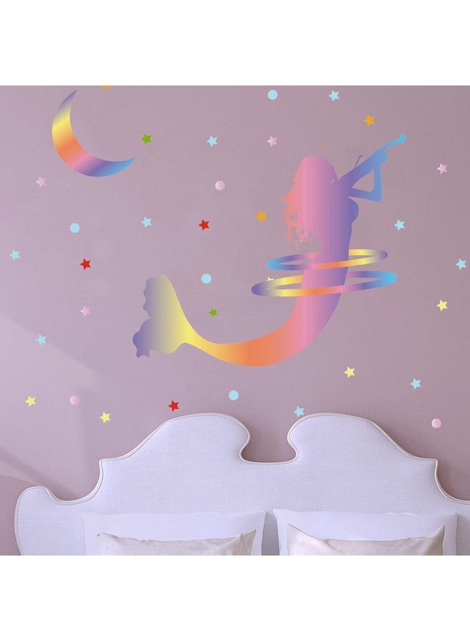 Maydahui ملصقات جدارية لتمثال حورية البحر العملاقة ملصقات فينيل ملونة لحورية البحر والنجوم والقمر (50 × 50 بوصة) قابلة للإزالة واللصق مقاومة للماء زينة ظلية لغرفة نوم الفتيات الصغيرات والحمام وقاعة الموسيقى والحضانة - Image 4