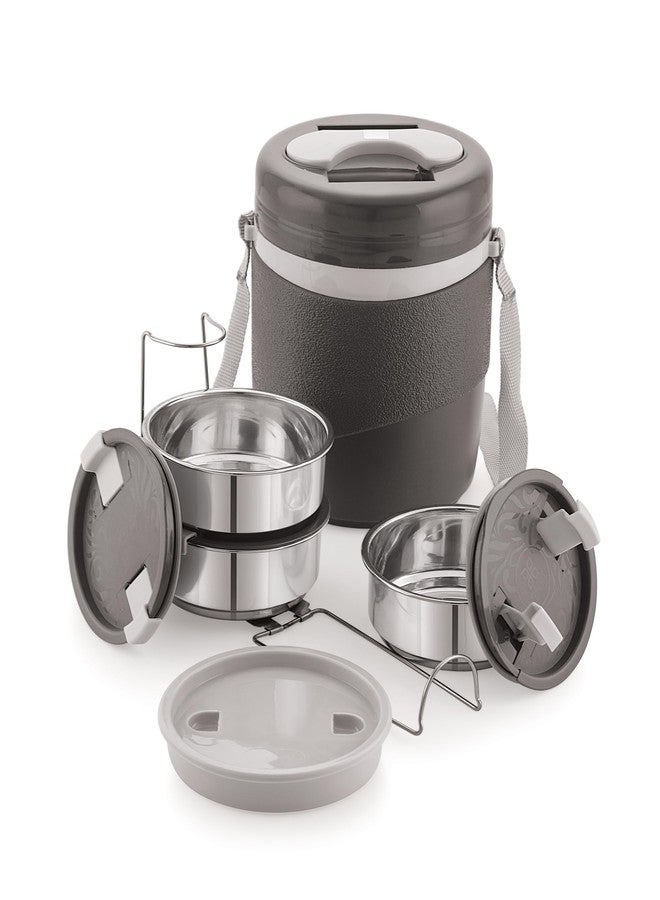 Varmora Hot & Smart Lunch Box Set, Steel Tiffin Box for Office - 3 * 350ml & 1 * 200ml Containers with Insulated Box (Grey) - Image 1