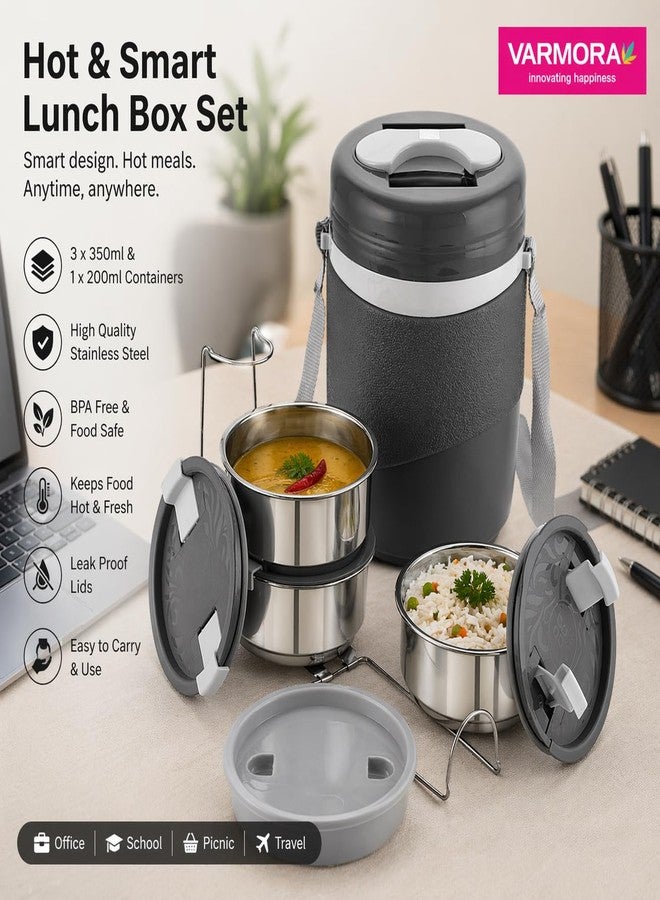 Varmora Hot & Smart Lunch Box Set, Steel Tiffin Box for Office - 3 * 350ml & 1 * 200ml Containers with Insulated Box (Grey) - Image 2