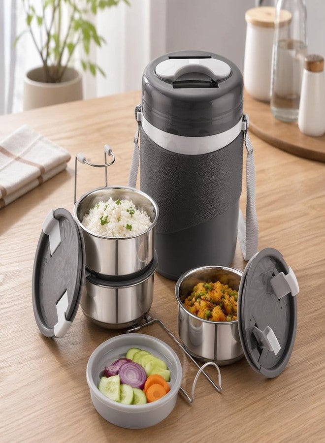 Varmora Hot & Smart Lunch Box Set, Steel Tiffin Box for Office - 3 * 350ml & 1 * 200ml Containers with Insulated Box (Grey) - Image 3