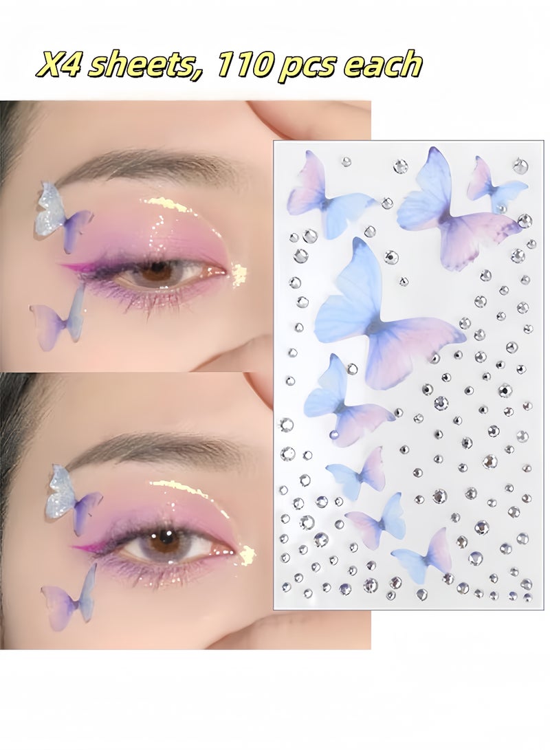 3 Sheets 3D Self-Adhesive Rhinestone Decals for Eyes, Face & Nails – Purple Butterfly Iridescent Gem Stickers (330PCS) - Image 1