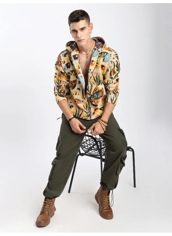 Beyoung Beige Tropical Print Hoodie Shacket