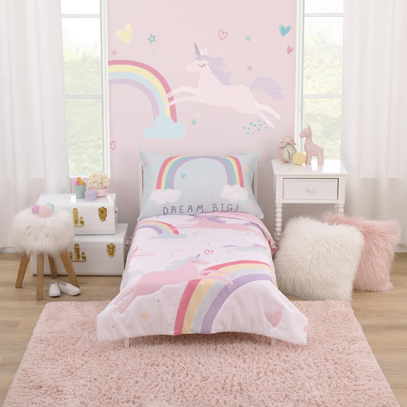 NoJo Carters Rainbow Unicorn Pink Purple and Aqua Dream Big 4 Piece Toddler Bed Set Comforter Fitted Bottom Sheet Flat Top Sheet and Reversible Pillowcase