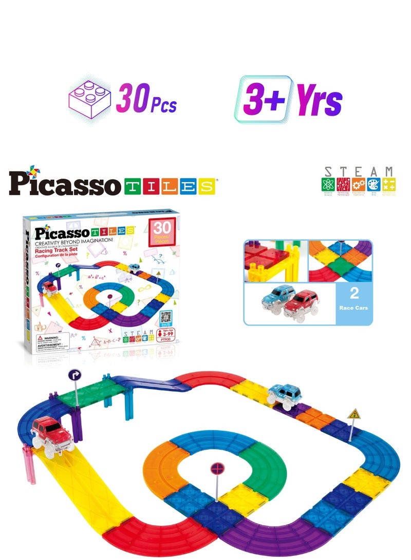 PicassoTiles Picasso - Magnetic Race Car Track with Trucks Building Set (30 Pieces) - STEM Toy for Kids, Multi-Layered 3D Track Construction, Includes Racecars & Slope Tracks  - Image 1