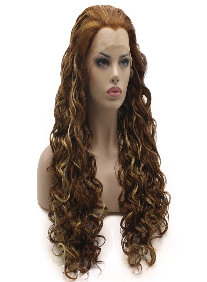 Lushy Hair Lace Front Synthetic Wig Curly Long 26inch Honey Blonde Auburn Light Blond Mix Wig Heavy Density Realistic Stylish Wigs - Image 2