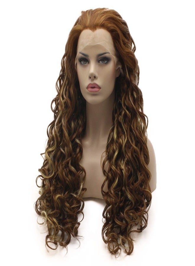 Lushy Hair Lace Front Synthetic Wig Curly Long 26inch Honey Blonde Auburn Light Blond Mix Wig Heavy Density Realistic Stylish Wigs - Image 3