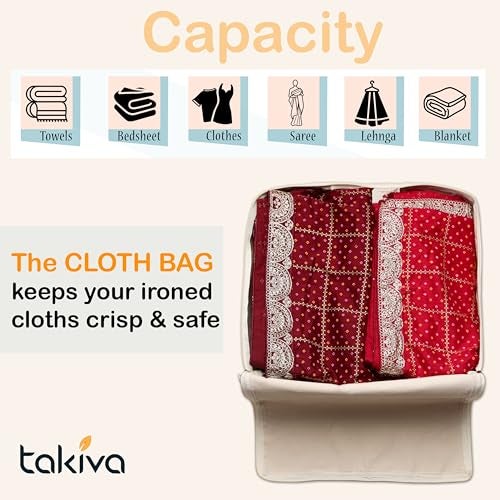 TAKIVA Cotton Canvas Saree Storage Bags (Pack Of 6) | Cotton Bags for Clothes Storage | Bags for Storing Clothes and Blankets (Off White) - Image 4