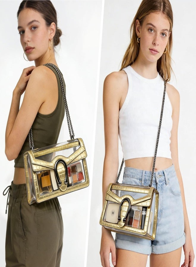 Joryin Clear Bag for Women Clear Bags Stadium Approved Shoulder Bag Crossbody Bag Small Clear Purse Chain Handbag, Golden Crocodile - Image 2