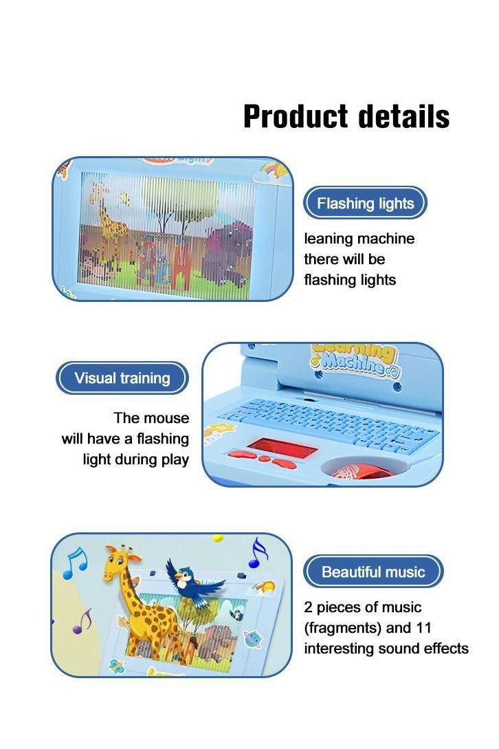 Blue Kids Educational Learning Laptop with Music, Light, and Retractable Mouse - Play Computer Toy with Simulation Music for Preschool Early Learning - Image 2