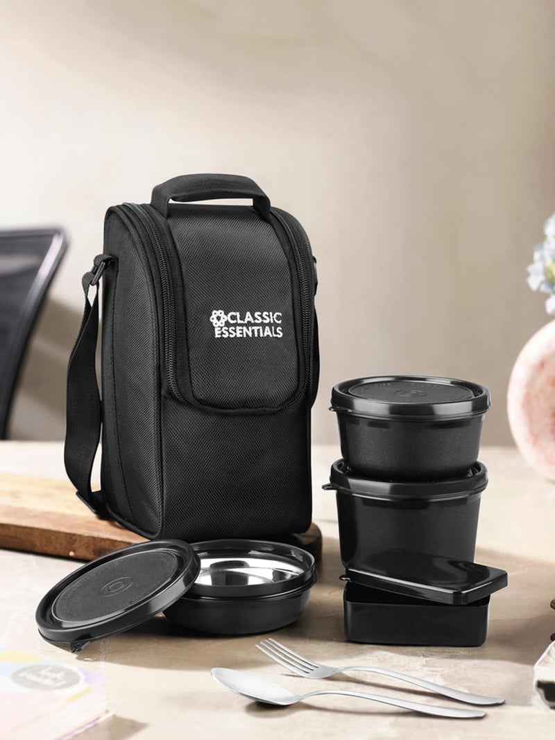 CLASSIC ESSENTIALS Supreme All in One Lunch Box with Insulated Bag | Microwave Safe Containers with Steel Inner | Leak Resistant (Pickle Box, Black, 4) - Image 2