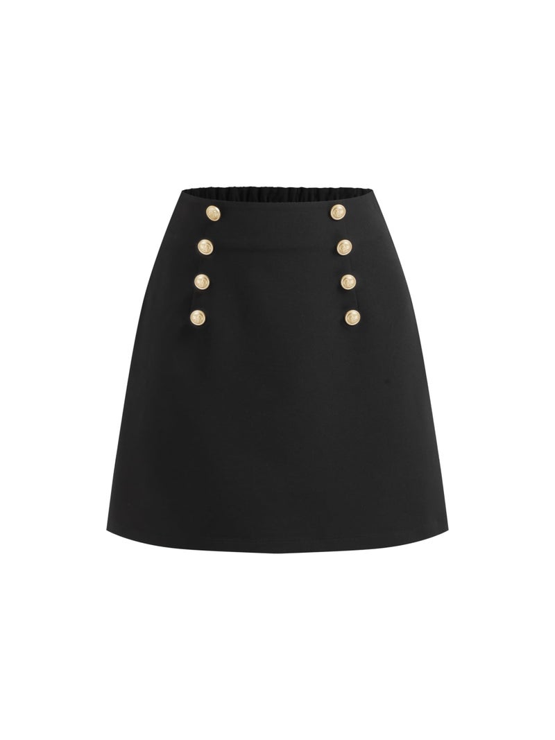 CIDER Women A-Line Mini Skirt High Waist Gold Button Decor: Black, S - Image 1