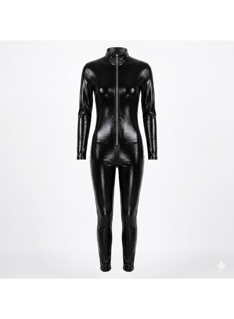 PU Faux Leather Jumpsuit Women Rompers Long Sleeve Turtleneck Zipper Skinny Jumpsuit NO: 32 Large - Image 1