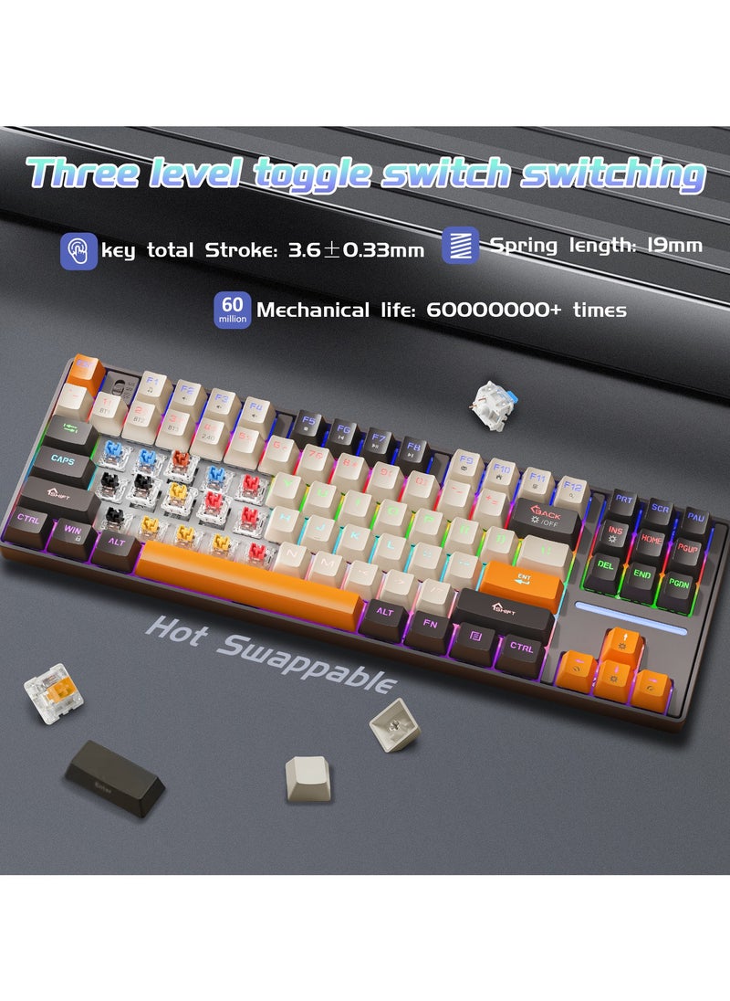 INFOSUN - MK87 Gaming Keyboard, 87-Key Tri-Mode Link, 5.0/2.4G Wireless/Wired Full-Key Hot-Swap Hybrid Backlight Mechanical Keyboard for Windows PC Gamers - Black/White - Image 1