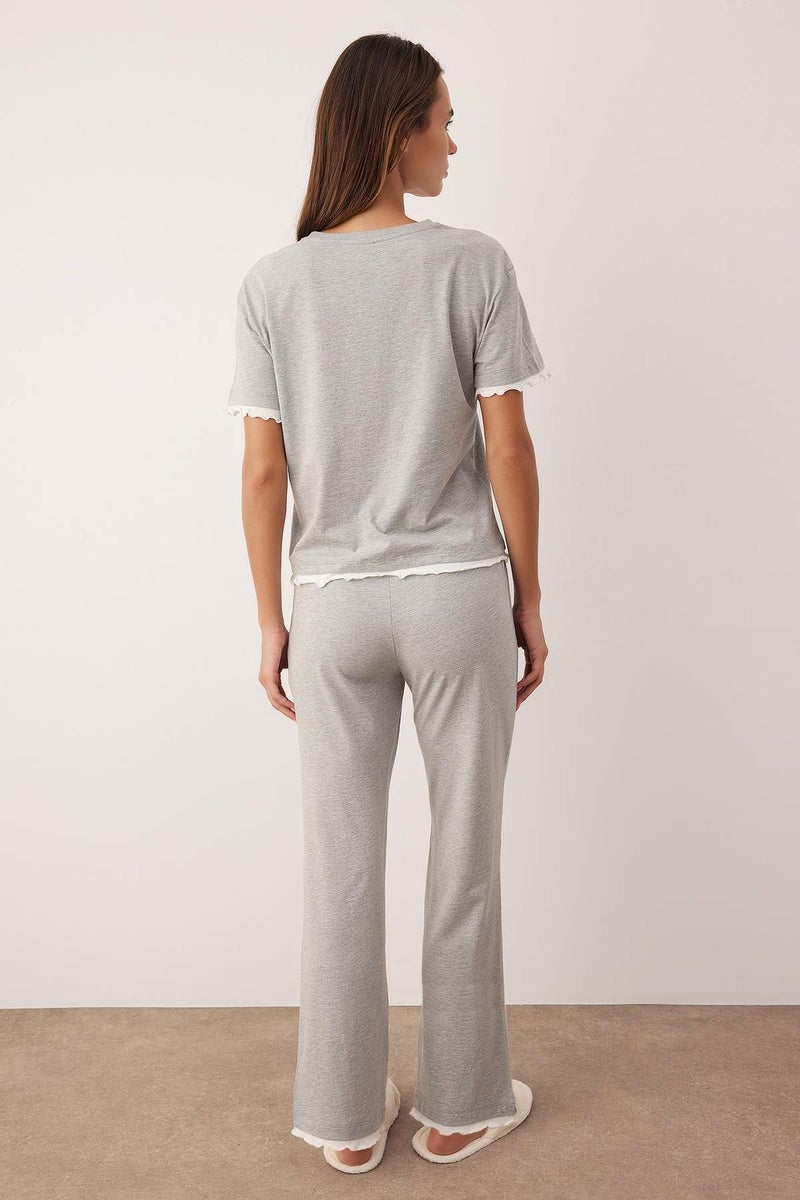 trendyol Grey Melange Cotton Double Layer Ruffle Knitted Pajama Set - Image 4